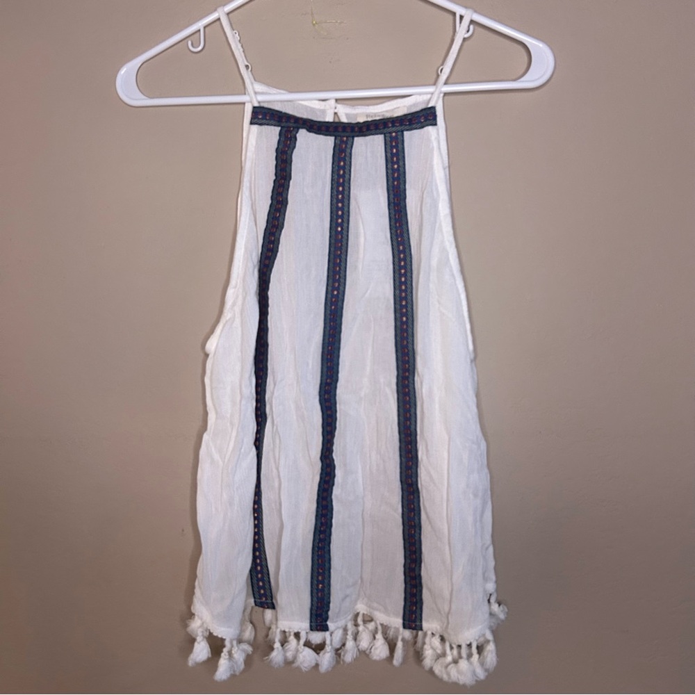 White Tank Top with Blue Stripes and Tassels